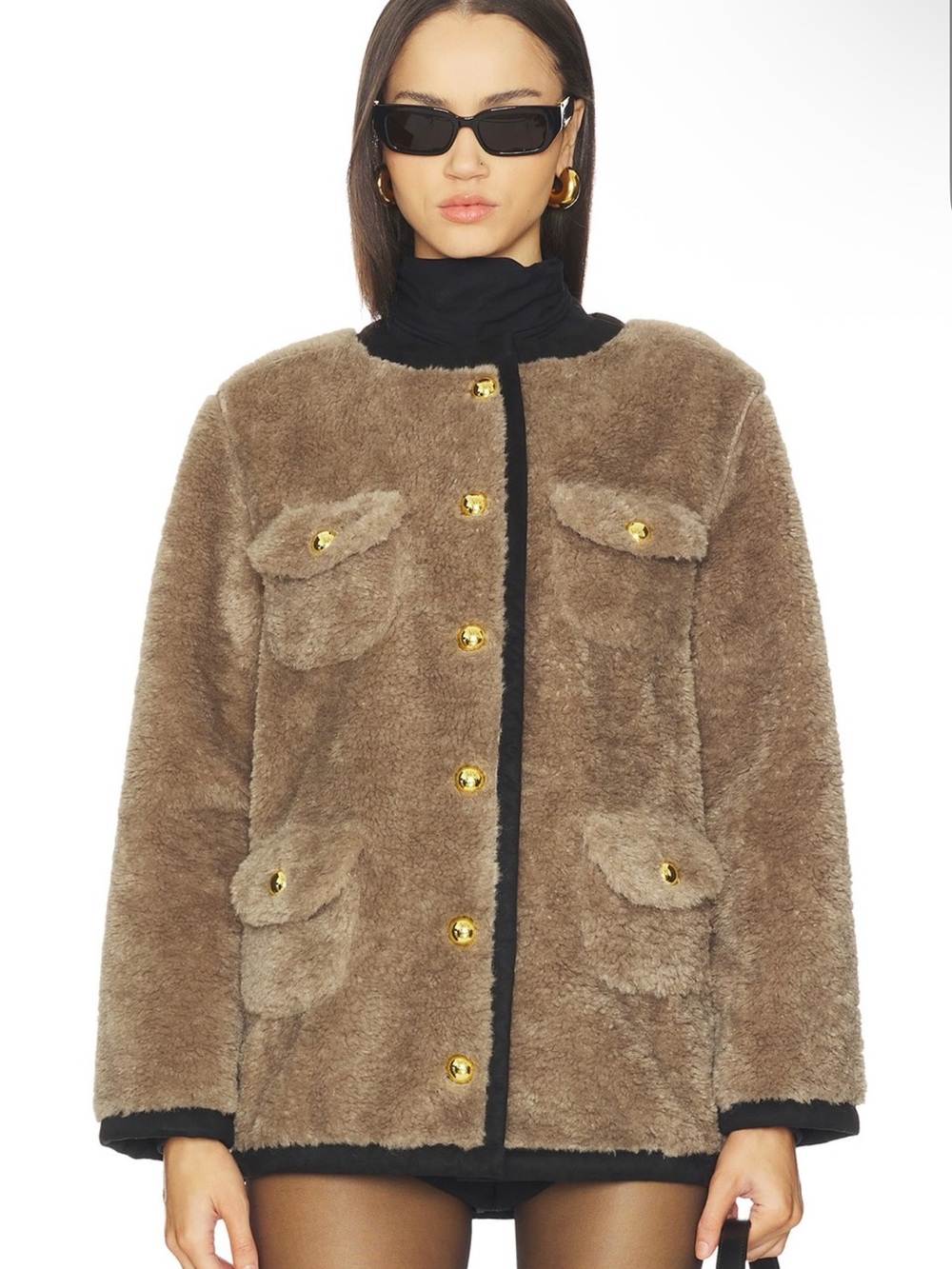 Maude Club Elodie Women's Teddy Gold Button Coat Taupe jacket Revolve New Sz M